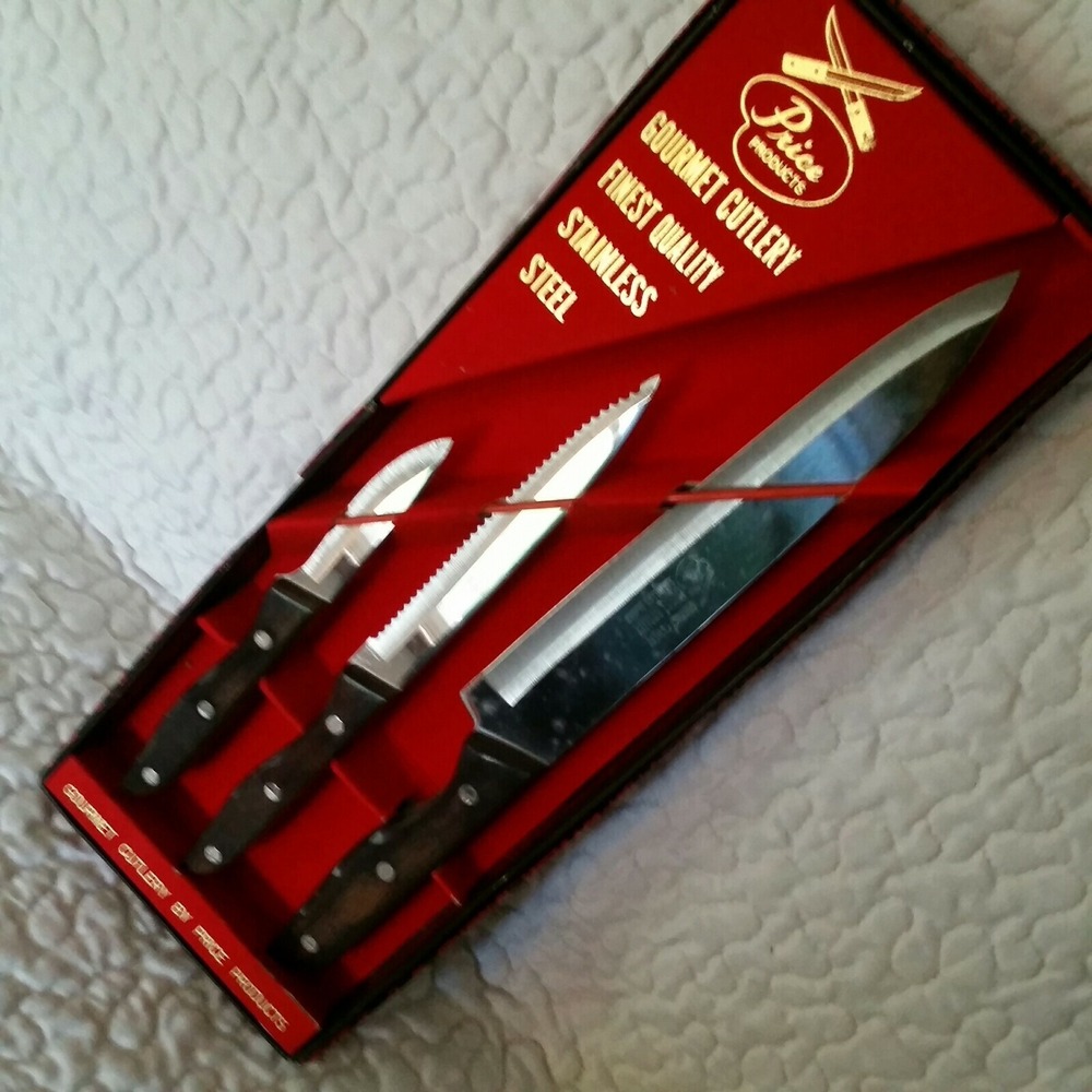 Vintage Price Products 3 Knife Box Set Stainless Steel Wooden Handle Cutlery